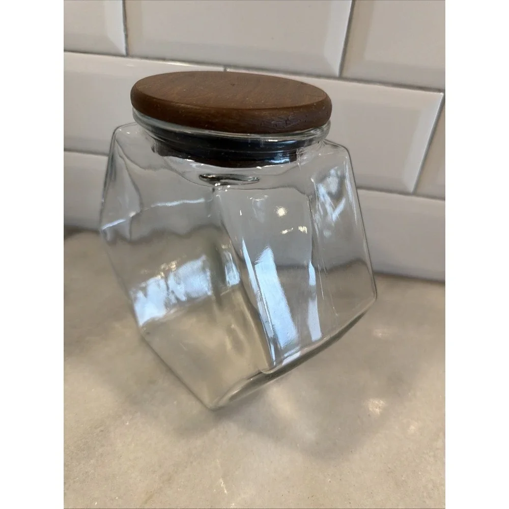 Vintage Teakwood Libbey Of Canada‎ Hexagon Glass Storage Jar